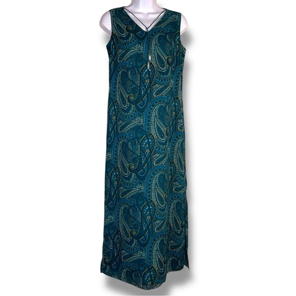 Vintage Small Kathie Lee Teal Blue Green Boho Sleeveless Maxi Dress Paisley - Picture 1 of 16
